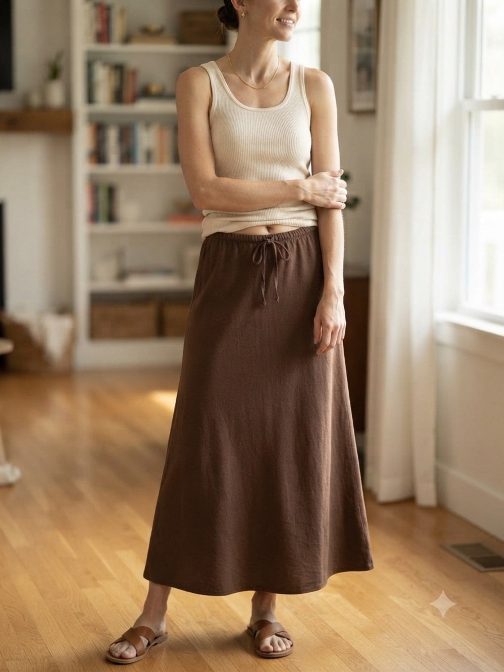 Midnight Sky Brown Maxi Skirt Drawstring Waist Size Large Ankle Length